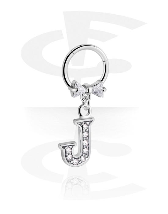 Piercinggyűrűk, Multi-purpose clicker (surgical steel, silver, shiny finish) val vel íj és charm with letter "J", Sebészeti acél, 316L, Bevonatos sárgaréz