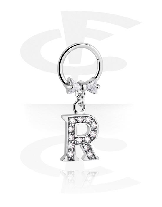 Piercinggyűrűk, Multi-purpose clicker (surgical steel, silver, shiny finish) val vel íj és charm with letter "R", Sebészeti acél, 316L, Bevonatos sárgaréz