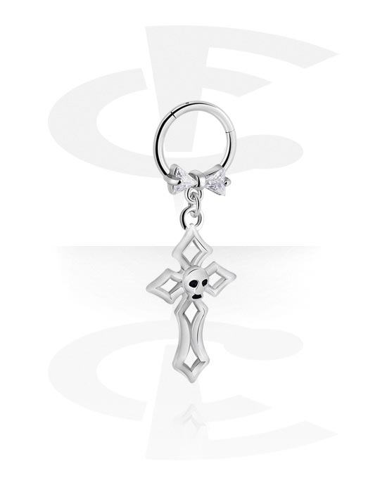 Piercing Rings, Piercing clicker (surgical steel, silver, shiny finish) with cross charm and crystal stones, Surgical Steel 316L, Plated Brass