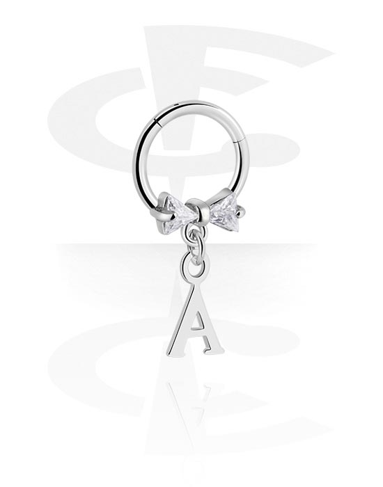 Piercinggyűrűk, Multi-purpose clicker (surgical steel, silver, shiny finish) val vel íj és charm with letter "A", Sebészeti acél, 316L, Bevonatos sárgaréz