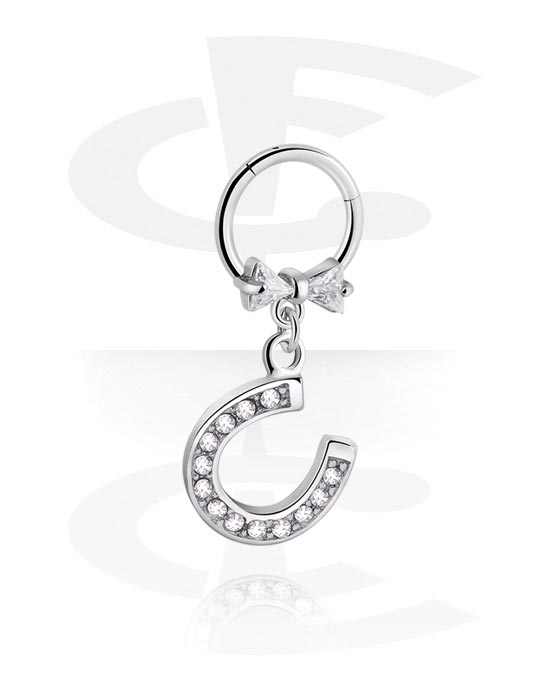 Piercing Rings, Piercing clicker (surgical steel, silver, shiny finish) with horseshoe charm and crystal stones, Surgical Steel 316L, Plated Brass