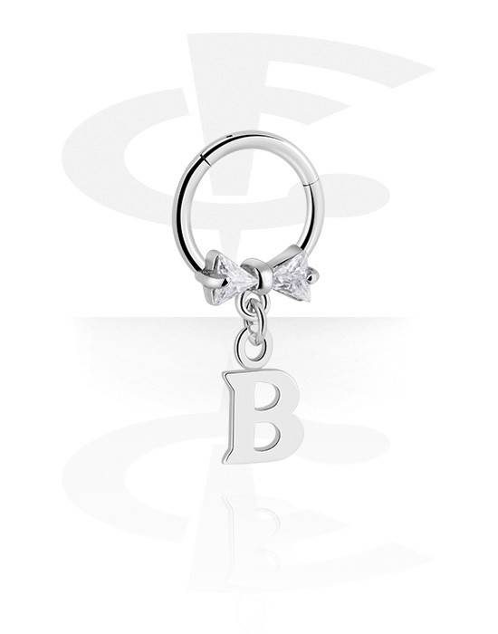 Piercing Rings, Piercing clicker (surgical steel, silver, shiny finish) with bow and charm with letter "B", Surgical Steel 316L, Plated Brass