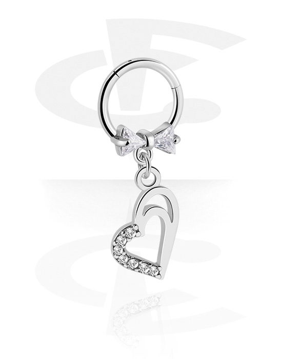 Piercing Rings, Piercing clicker (surgical steel, silver, shiny finish) with heart charm and crystal stones, Surgical Steel 316L, Plated Brass