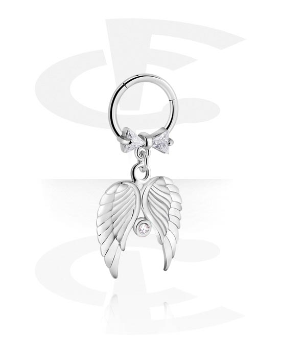 Piercing Rings, Piercing clicker (surgical steel, silver, shiny finish) with wing charm and crystal stones, Surgical Steel 316L, Plated Brass