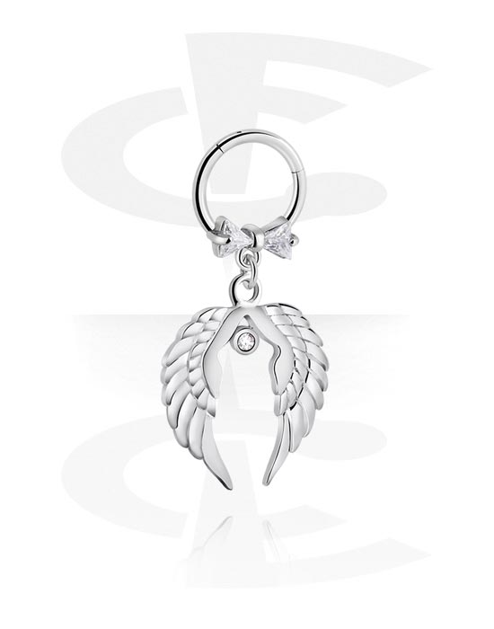 Piercing Rings, Piercing clicker (surgical steel, silver, shiny finish) with bow and wing charm, Surgical Steel 316L, Plated Brass
