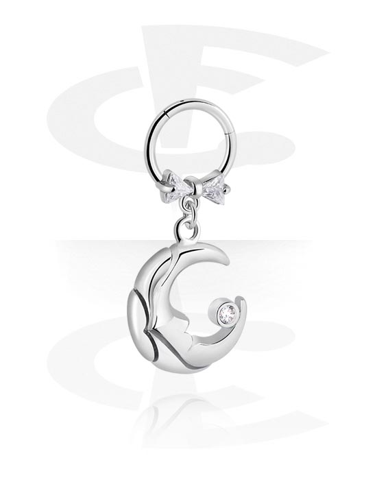 Piercing Rings, Piercing clicker (surgical steel, silver, shiny finish) with half moon charm and crystal stones, Surgical Steel 316L, Plated Brass