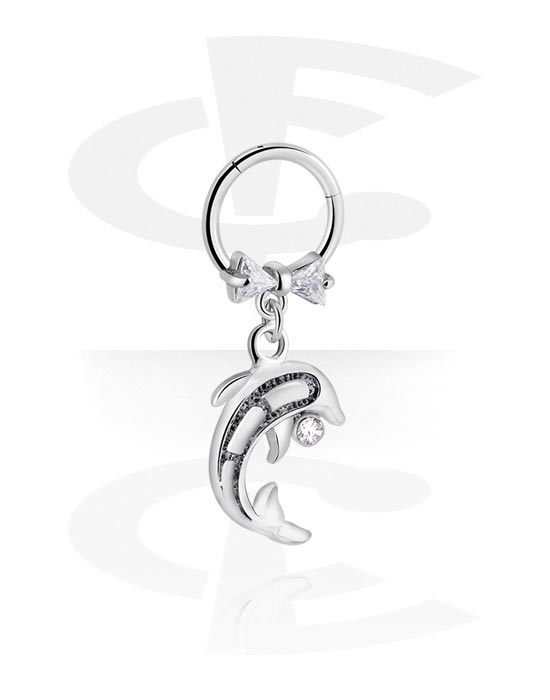 Piercing Rings, Piercing clicker (surgical steel, silver, shiny finish) with dolphin charm and crystal stones, Surgical Steel 316L, Plated Brass