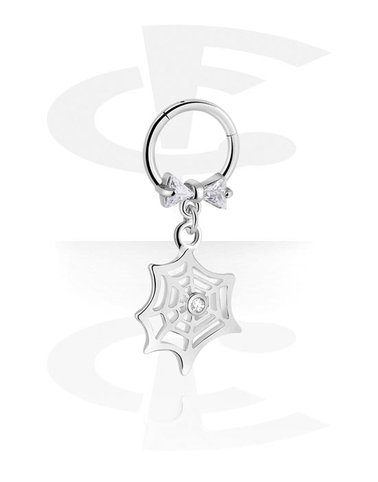 Piercing Rings, Piercing clicker (surgical steel, silver, shiny finish) with bow and spiderweb charm, Surgical Steel 316L, Plated Brass