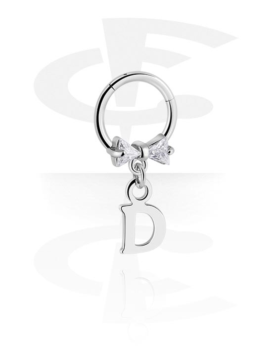 Piercing Rings, Piercing clicker (surgical steel, silver, shiny finish) with bow and charm with letter "D", Surgical Steel 316L, Plated Brass