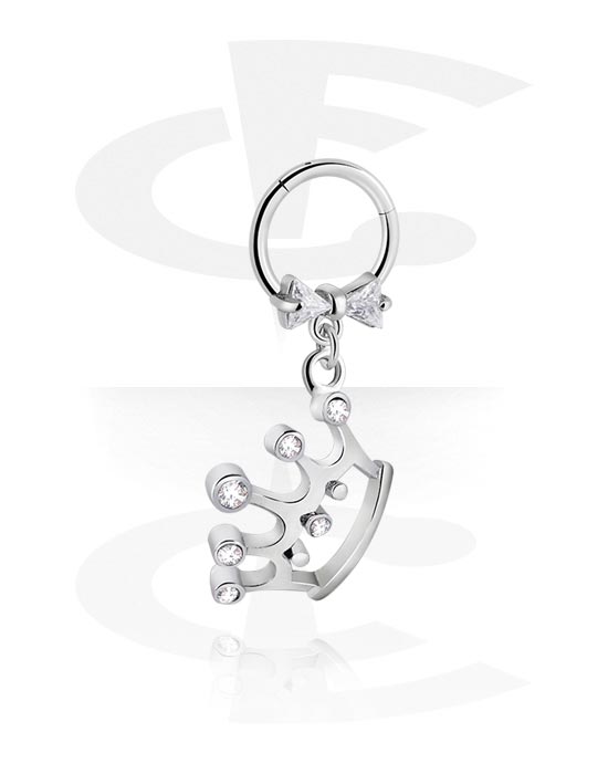 Piercing Rings, Piercing clicker (surgical steel, silver, shiny finish) with crown charm and crystal stones, Surgical Steel 316L, Plated Brass