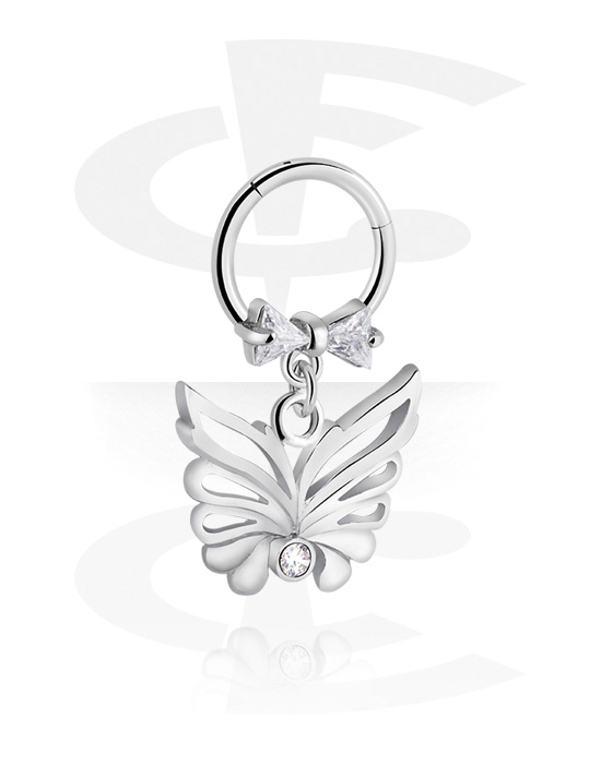 Piercing Rings, Piercing clicker (surgical steel, silver, shiny finish) with bow and butterfly charm, Surgical Steel 316L, Plated Brass