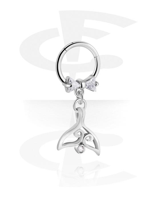 Piercing Rings, Piercing clicker (surgical steel, silver, shiny finish) with bow and whale fin charm, Surgical Steel 316L, Plated Brass