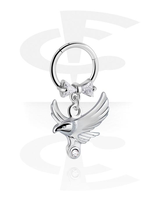 Piercing Rings, Piercing clicker (surgical steel, silver, shiny finish) with bird charm and crystal stones, Surgical Steel 316L, Plated Brass