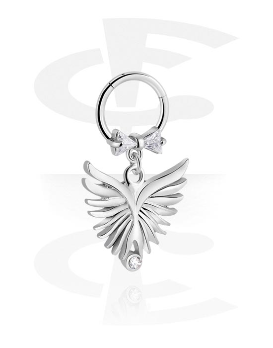 Piercing Rings, Piercing clicker (surgical steel, silver, shiny finish) with wing charm and crystal stones, Surgical Steel 316L, Plated Brass