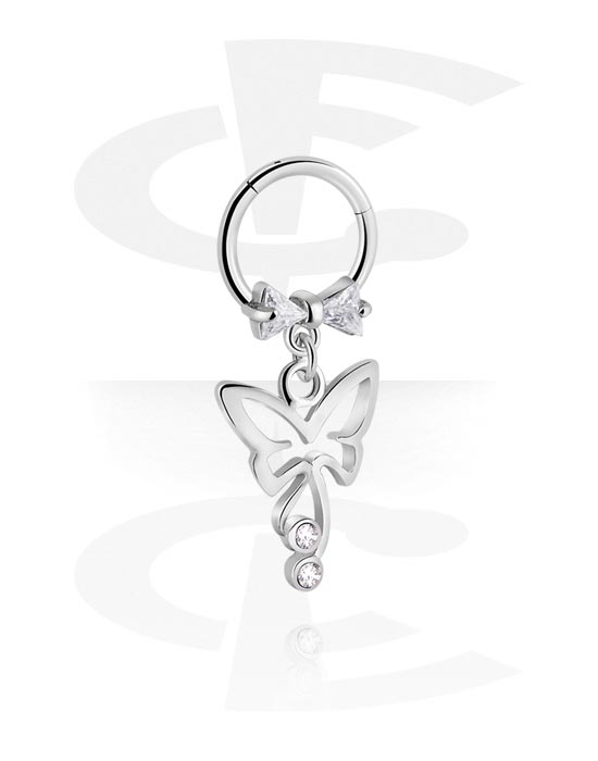 Piercing Rings, Piercing clicker (surgical steel, silver, shiny finish) with butterfly charm and crystal stones, Surgical Steel 316L, Plated Brass