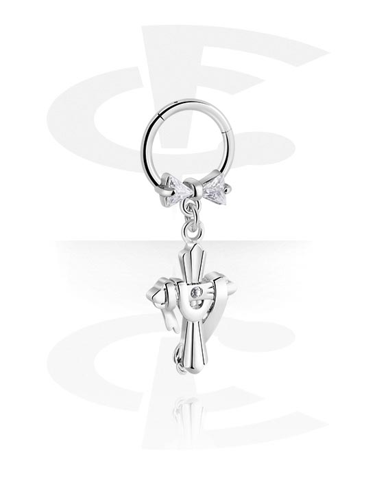 Piercing Rings, Piercing clicker (surgical steel, silver, shiny finish) with cross charm and crystal stones, Surgical Steel 316L, Plated Brass