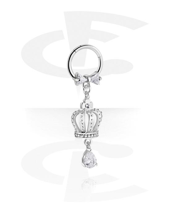 Piercing Rings, Piercing clicker (surgical steel, silver, shiny finish) with crown charm and crystal stones, Surgical Steel 316L, Plated Brass