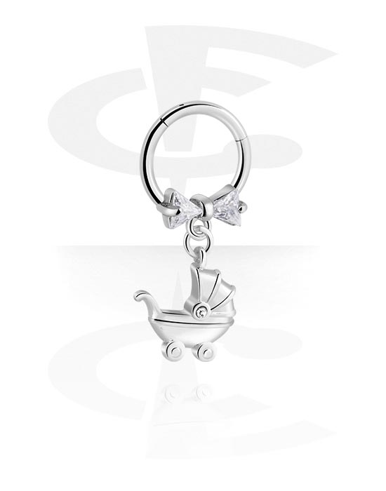 Piercinggyűrűk, Multi-purpose clicker (surgical steel, silver, shiny finish) val vel íj és stroller charm, Sebészeti acél, 316L, Bevonatos sárgaréz