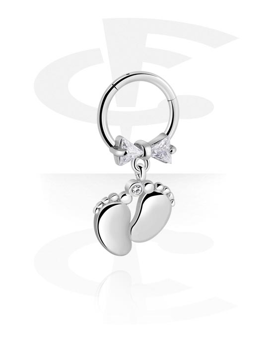 Piercing Ringe, Piercing-clicker (kirurgisk stål, sølv, blank finish) med fod-charm og krystaller, Kirurgisk stål 316L, Pletteret messing