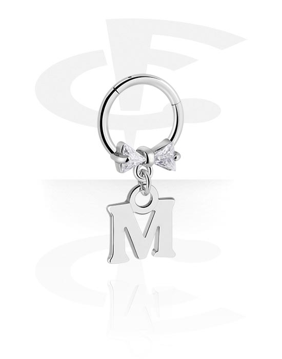 Piercingringar, Multi-purpose clicker (surgical steel, silver, shiny finish) med rosett och charm with letter "M", Kirurgiskt stål 316L, Överdragen mässing