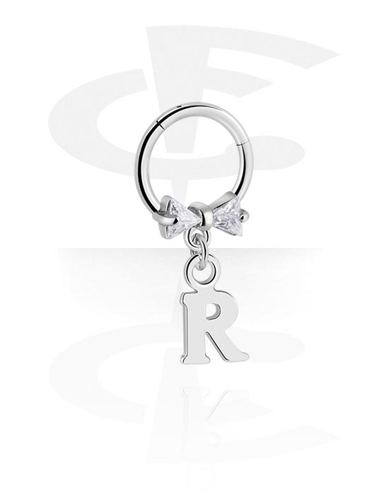 Piercing Rings, Piercing clicker (surgical steel, silver, shiny finish) with bow and charm with letter "R", Surgical Steel 316L, Plated Brass
