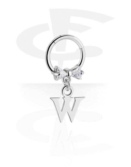 Piercing Rings, Piercing clicker (surgical steel, silver, shiny finish) with bow and charm with letter "W", Surgical Steel 316L, Plated Brass