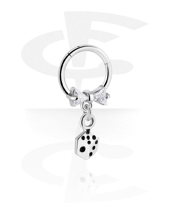 Piercing Rings, Piercing clicker (surgical steel, silver, shiny finish) with bow and dice charm, Surgical Steel 316L, Plated Brass