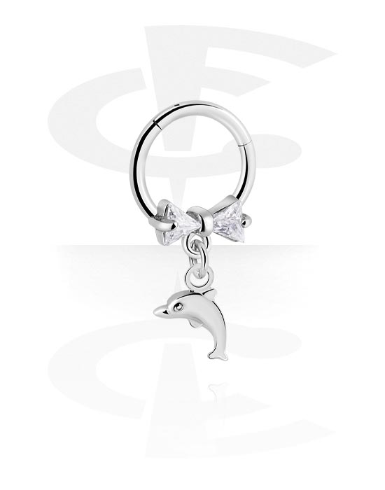 Piercing Rings, Piercing clicker (surgical steel, silver, shiny finish) with bow and dolphin charm, Surgical Steel 316L, Plated Brass