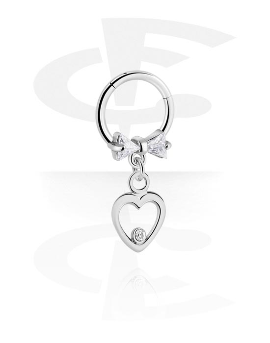 Piercinggyűrűk, Multi-purpose clicker (surgical steel, silver, shiny finish) val vel íj és szív függő, Sebészeti acél, 316L, Bevonatos sárgaréz