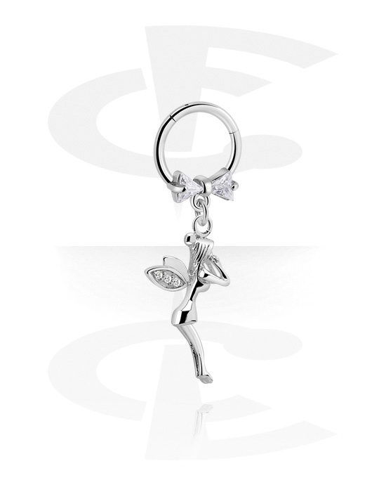 Piercing Rings, Piercing clicker (surgical steel, silver, shiny finish) with bow and fairy charm, Surgical Steel 316L, Plated Brass