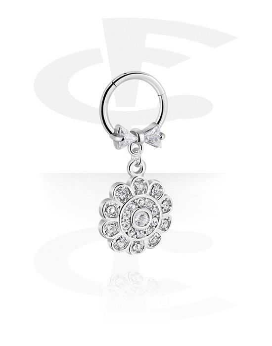 Piercing Rings, Piercing clicker (surgical steel, silver, shiny finish) with bow and flower charm, Surgical Steel 316L, Plated Brass