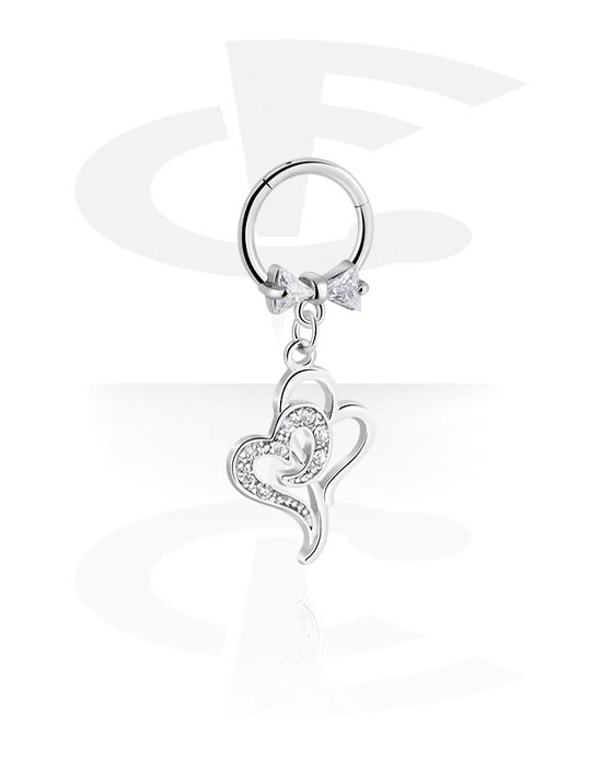 Piercing Rings, Piercing clicker (surgical steel, silver, shiny finish) with bow and heart charm, Surgical Steel 316L, Plated Brass