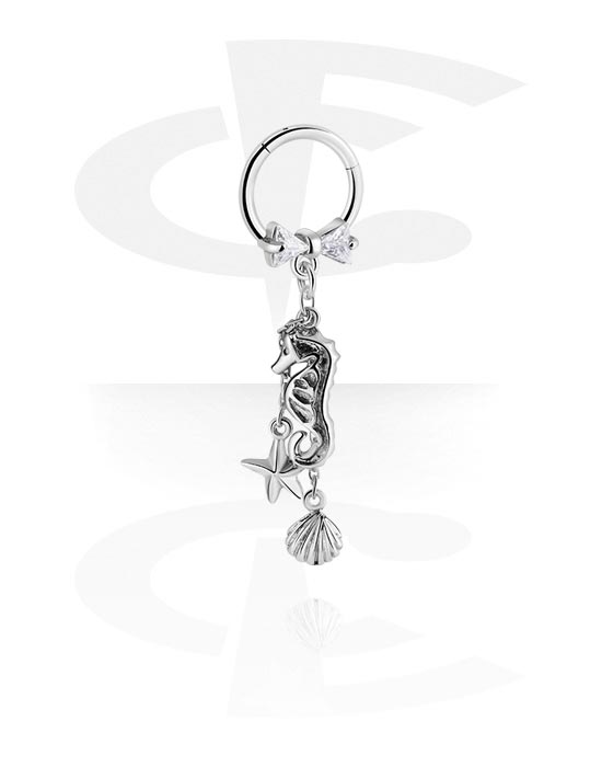 Piercing Rings, Piercing clicker (surgical steel, silver, shiny finish) with bow and seahorse charm, Surgical Steel 316L, Plated Brass