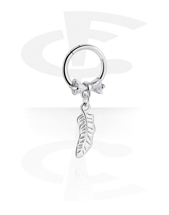 Piercing Rings, Piercing clicker (surgical steel, silver, shiny finish) with bow and feather charm, Surgical Steel 316L, Plated Brass