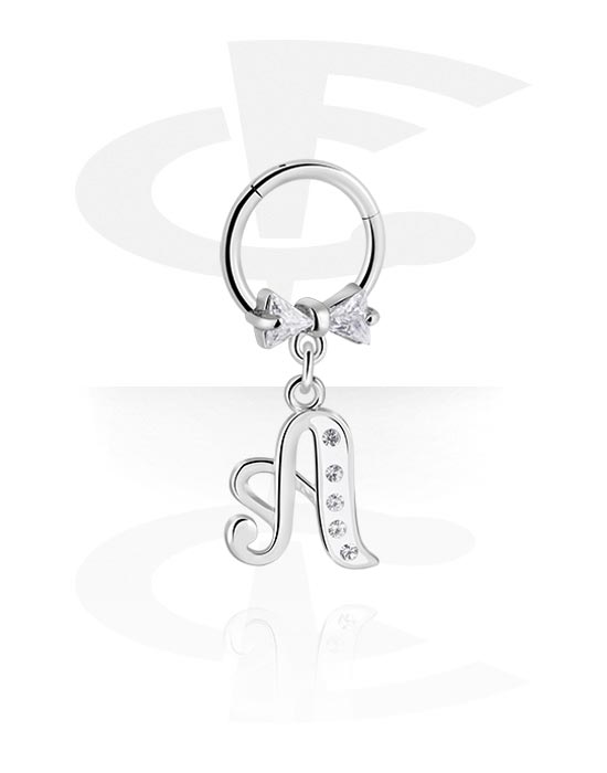 Piercing Rings, Piercing clicker (surgical steel, silver, shiny finish) with bow and charm with letter "A", Surgical Steel 316L, Plated Brass