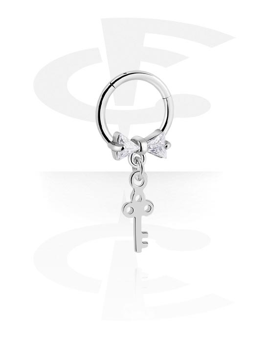 Piercinggyűrűk, Multi-purpose clicker (surgical steel, silver, shiny finish) val vel íj és Kulcs dísz, Sebészeti acél, 316L, Bevonatos sárgaréz