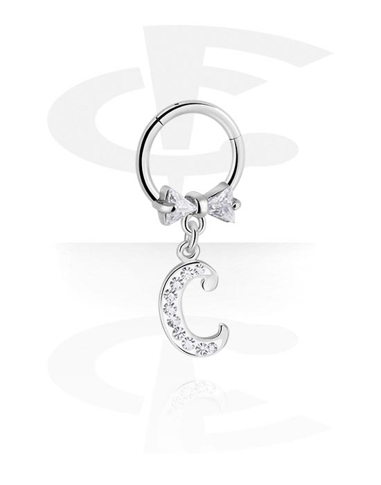 Piercing Rings, Piercing clicker (surgical steel, silver, shiny finish) with bow and charm with letter "C", Surgical Steel 316L, Plated Brass