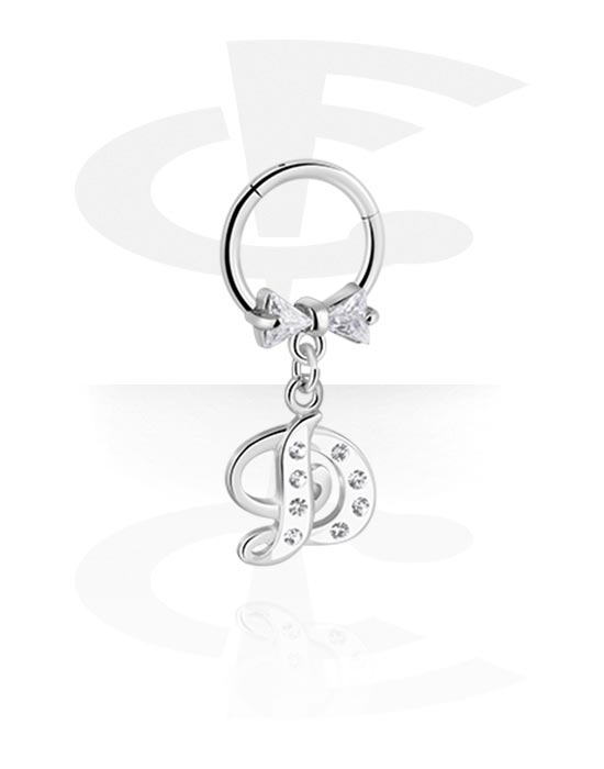 Piercing Rings, Piercing clicker (surgical steel, silver, shiny finish) with bow and charm with letter "D", Surgical Steel 316L, Plated Brass