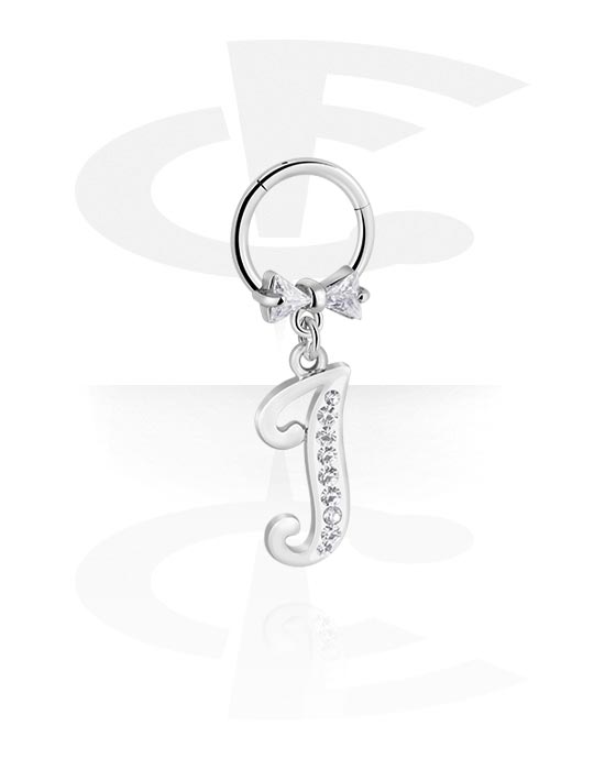 Piercing Rings, Piercing clicker (surgical steel, silver, shiny finish) with bow and charm with letter "I", Surgical Steel 316L, Plated Brass