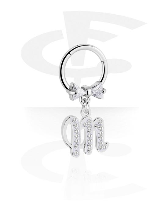 Piercinggyűrűk, Multi-purpose clicker (surgical steel, silver, shiny finish) val vel íj és charm with letter "M", Sebészeti acél, 316L, Bevonatos sárgaréz
