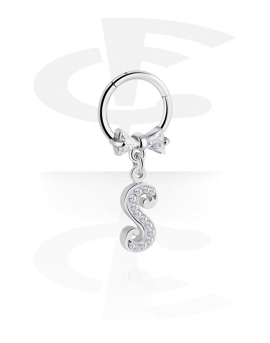 Piercinggyűrűk, Multi-purpose clicker (surgical steel, silver, shiny finish) val vel íj és charm with letter "S", Sebészeti acél, 316L, Bevonatos sárgaréz