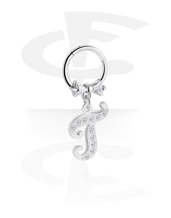 Piercing Rings, Piercing clicker (surgical steel, silver, shiny finish) with charm with letter "T" and crystal stones, Surgical Steel 316L, Plated Brass