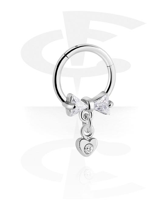 Anéis piercing, Multi-purpose clicker (aço cirúrgico, prata, acabamento brilhante) com pendente coração e pedras de cristal, Aço cirúrgico 316L, Latão revestido