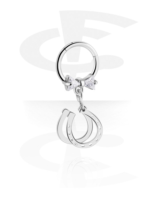 Piercing Rings, Piercing clicker (surgical steel, silver, shiny finish) with bow and horseshoe charm, Surgical Steel 316L, Plated Brass