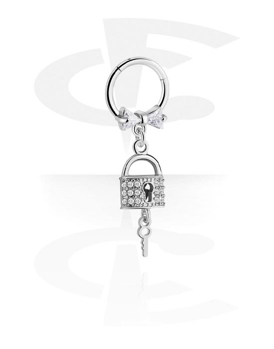 Piercing Rings, Piercing clicker (surgical steel, silver, shiny finish) with bow and padlock charm, Surgical Steel 316L, Plated Brass