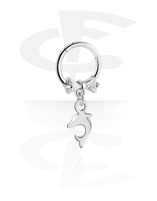 Piercinggyűrűk, Multi-purpose clicker (surgical steel, silver, shiny finish) val vel íj és delfin függő, Sebészeti acél, 316L, Bevonatos sárgaréz