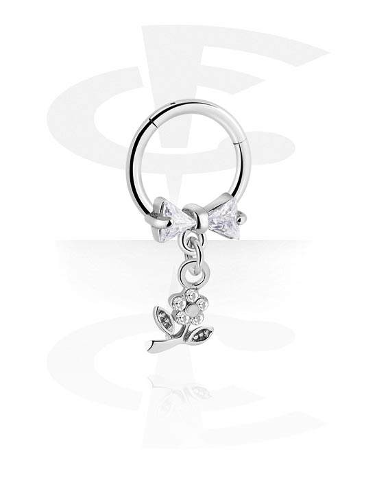 Piercing Ringe, Piercing-clicker (kirurgisk stål, sølv, blank finish) med blomstercharm og krystaller, Kirurgisk stål 316L, Pletteret messing