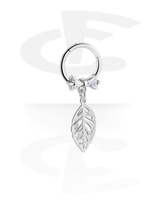 Piercing Rings, Piercing clicker (surgical steel, silver, shiny finish) with leaf pendant and crystal stones, Surgical Steel 316L, Plated Brass