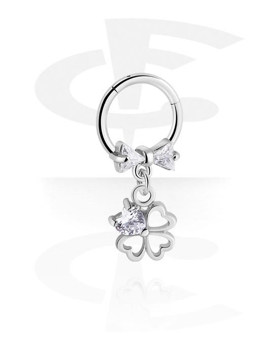 Piercing Rings, Piercing clicker (surgical steel, silver, shiny finish) with bow and cloverleaf charm, Surgical Steel 316L, Plated Brass