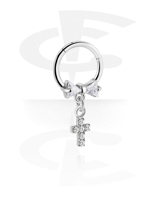 Piercing Rings, Piercing clicker (surgical steel, silver, shiny finish) with bow and cross charm, Surgical Steel 316L, Plated Brass
